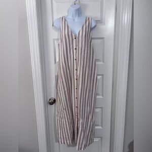 Striped Sleeveless Button-Front Dress - Beige & White
